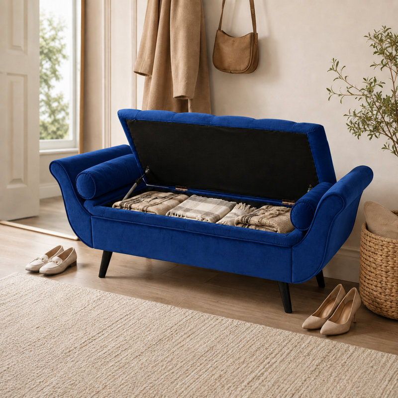 Velvet Upholstered Storage Bench, Navy Blue