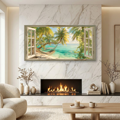 «Open Window Beach», art mural sur toile de grand paysage côtier, peintures de mer tropicale, œuvre de paysage marin horizontal pour le salon, la chambre à coucher