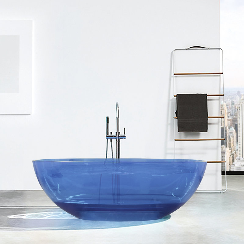 Freestanding Soaking Bathtub, 64 Inch, Blue Transparent, Oval, High - Quality Resin Finish Inch Transparent Blue, Soaking, Contemporary Style