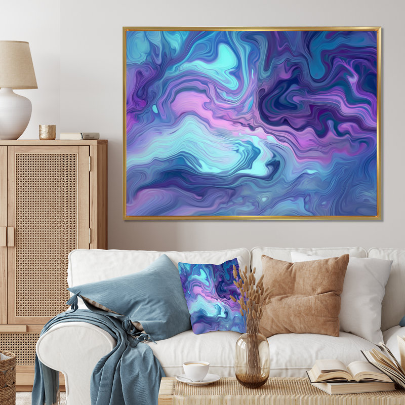 Turquoise mauve marbré fusion II - impression sur toile abstraite, H 12 po x l 20 po x P 1 po, Cadre flottant doré