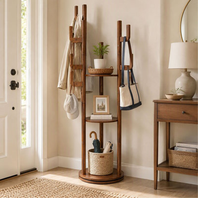 Portemanteau rotatif autoportant en bois massif avec 3 étagères de rangement et 9 crochets, idéal pour la chambre, le salon et l'entrée, couleur noyer