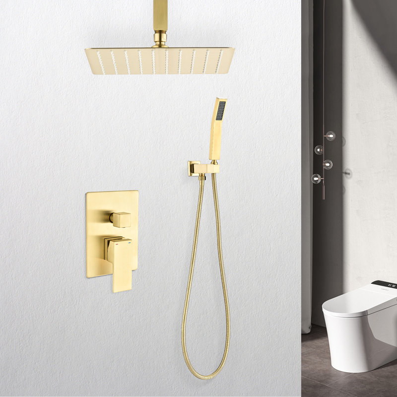 Ceiling Mounted Shower Gold - 12" Head And Handheld Natural Rainfall Self-Cleaning Nozzle Brass For Bathroom Complies With American Standard & Facsimile Use Conforms To Pipe Specifications