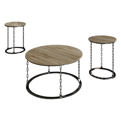 Ensemble de 3 tables basses en métal et chêne brun