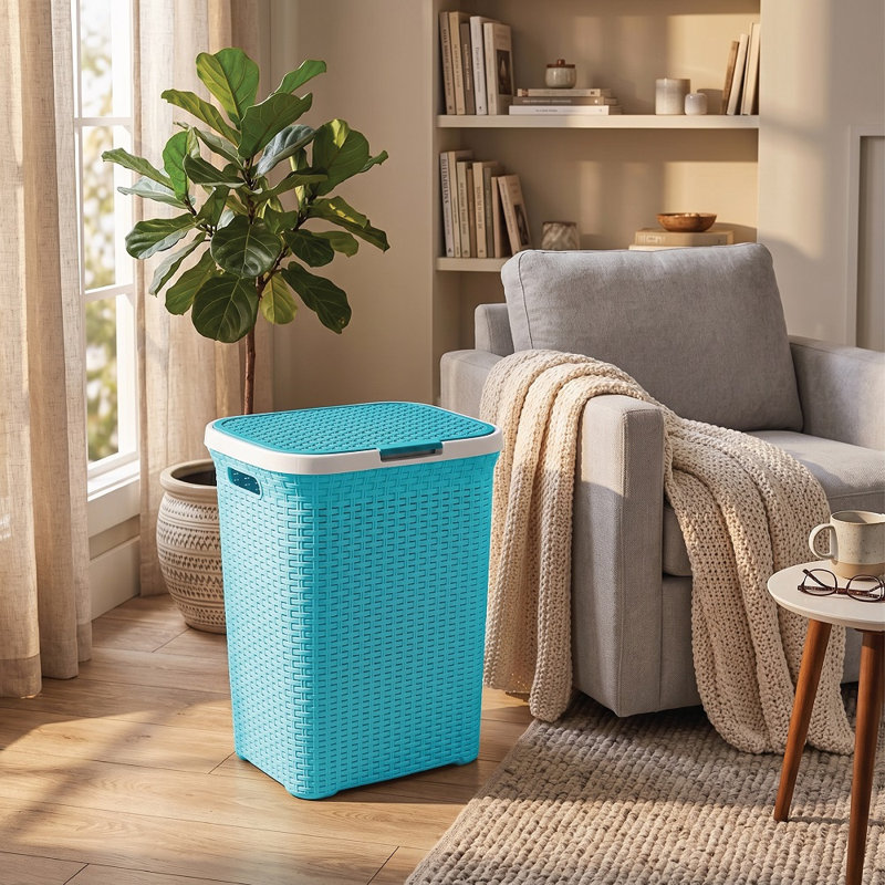 65L Large Laundry Hamper with Lid – Plastic Rattan Effect Laundry Basket for Dirty Clothes Storage – Space Saving Washing Basket with Handles