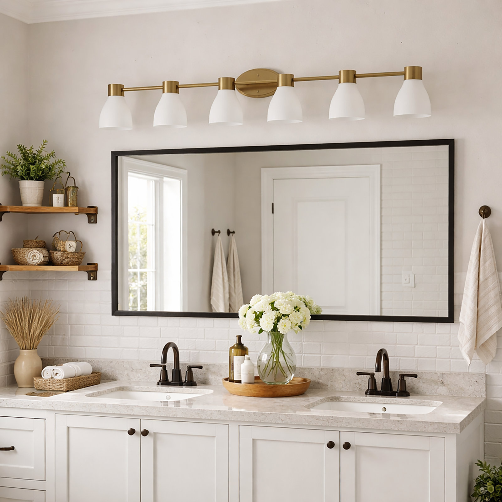3-Light Brushed Brass Vanity Light with Acid-Etched Opal Glass Shades, Brushed Brass, 6