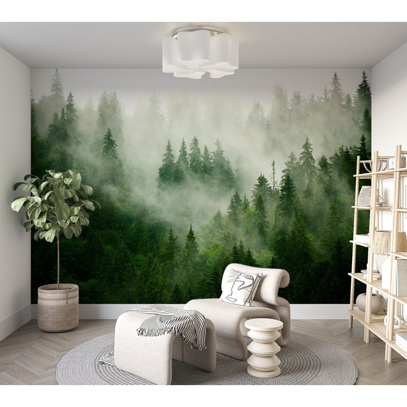 Murale paysage Amirh Peel & Stick - Misty Mountains, L 57 po x L 41 po, Vert/blanc