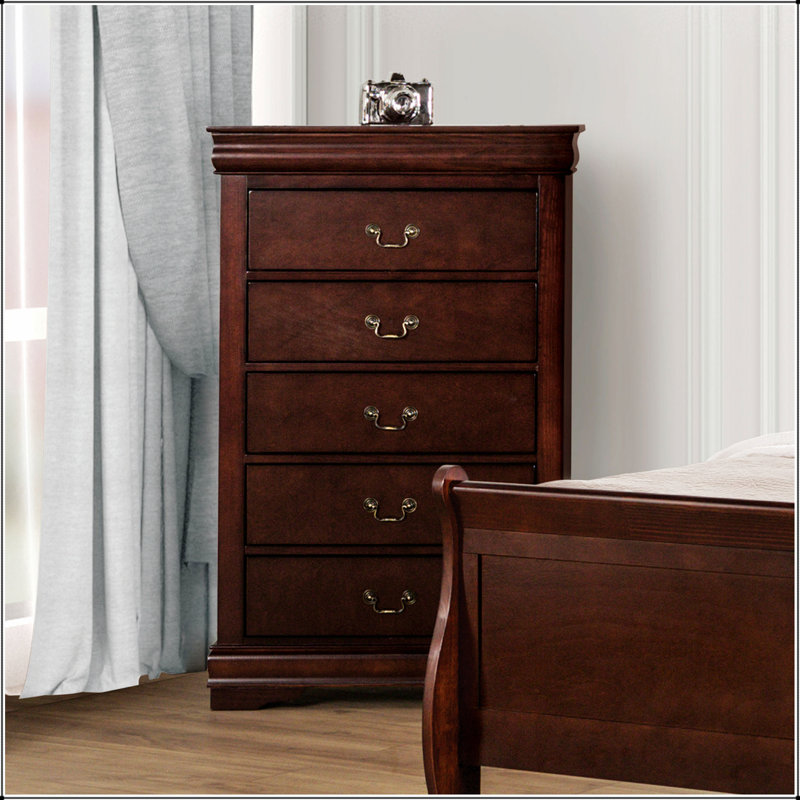Commode de style transitionnel cerisier foncé avec étui anti-poussière, pieds de support et tiroirs à queue d'aronde anglaise pour un rangement élégant