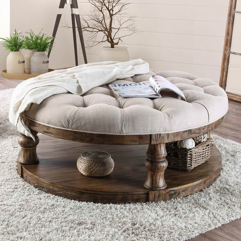 Table basse ronde en bois de style rustique avec pieds tournés et tablette ouverte en chêne antique, Chêne foncé antique