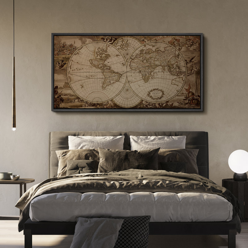 Impression sur toile encadrée, carte du monde rétro avec détails ornés, H 30 po x l 60 po x P 1,5 po, Structure noire