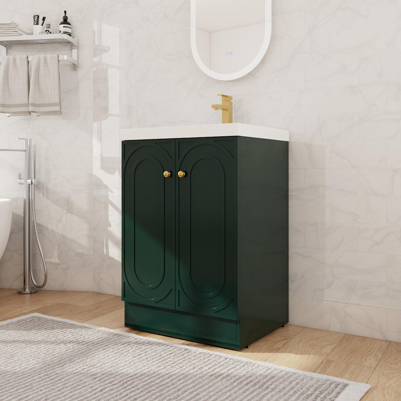 24" Single Sink Freestanding Bathroom Vanity Set, Floor Standing Bathroom Vanity With Resin Basin Sink Top, 2 Doors And 1 Adjustable Shelf