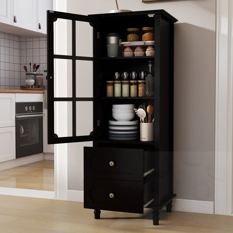 Buffet minimalisme avec portes en verre et double tiroir, Black