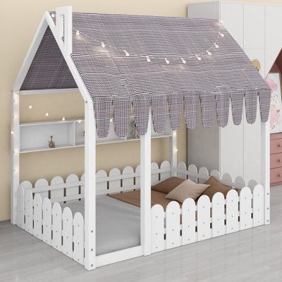 Childrens House Floor Bed with Tent, Lights, Fence Railings and Three Storage Shelves