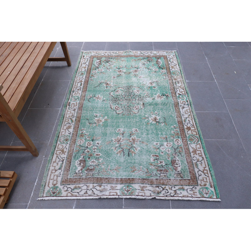 Tapis vintage rétro Anatolian en vert pour décoration de cuisine d'extérieur