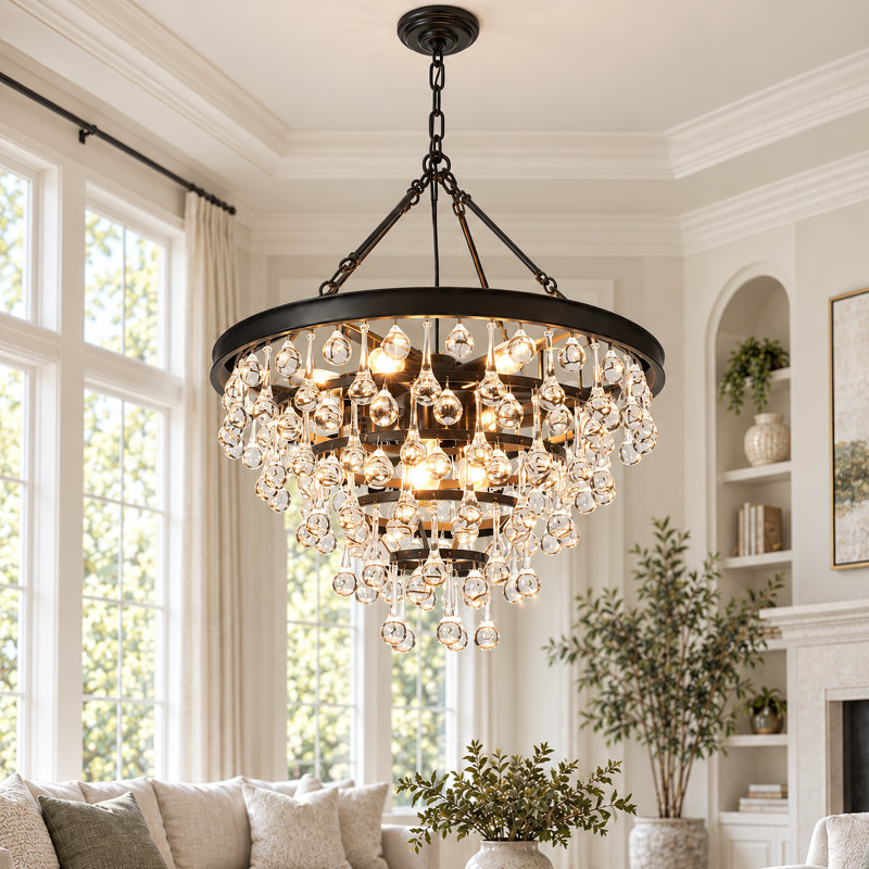 Lustre Fokje à 9 lumières, 61 cm (24 po), 8 niveaux, en cristal noir avec chaîne réglable