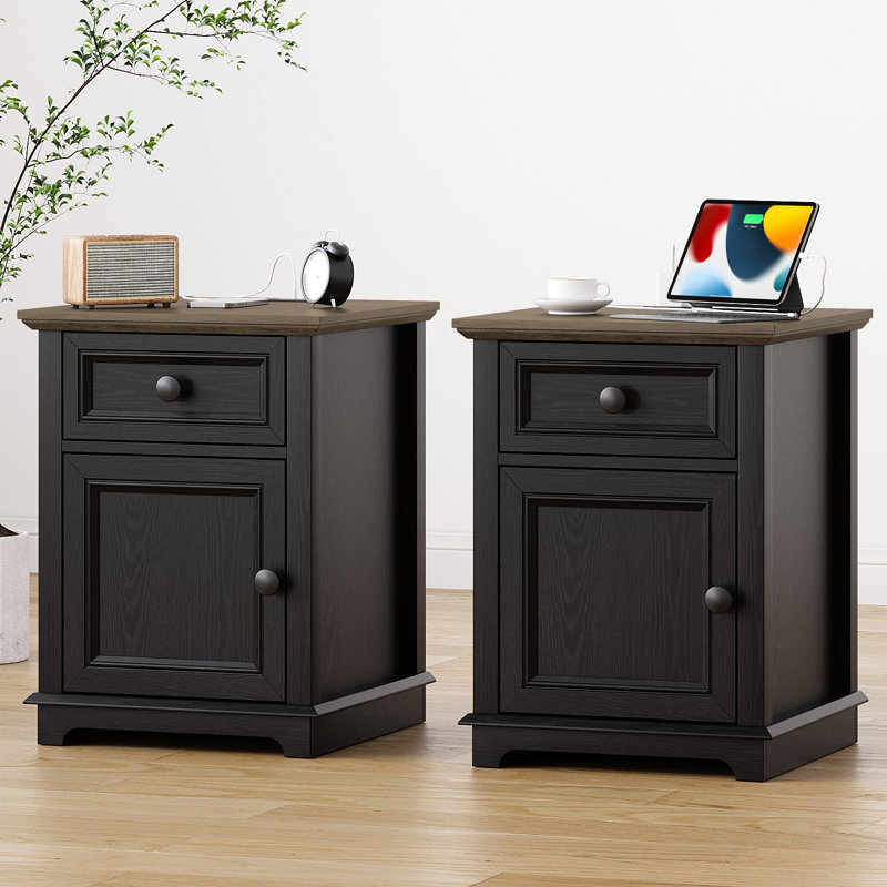 Azella 1-Drawer Frame End Table Set with Storage and Built-In Outlets, Black/Brown