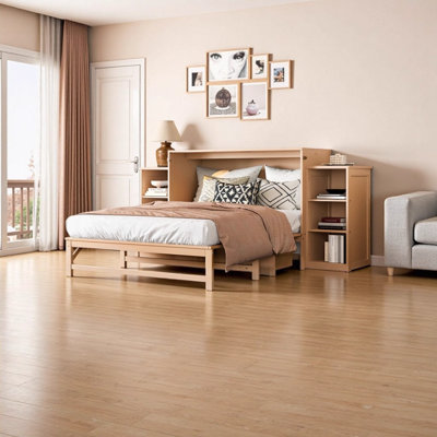 Lit double escamotable grand lit double avec tiroirs et tablettes de rangement spacieux - Lit armoire en bois de pin peu encombrant pour chambres d'amis, chambres à coucher compactes et bureaux à domicile