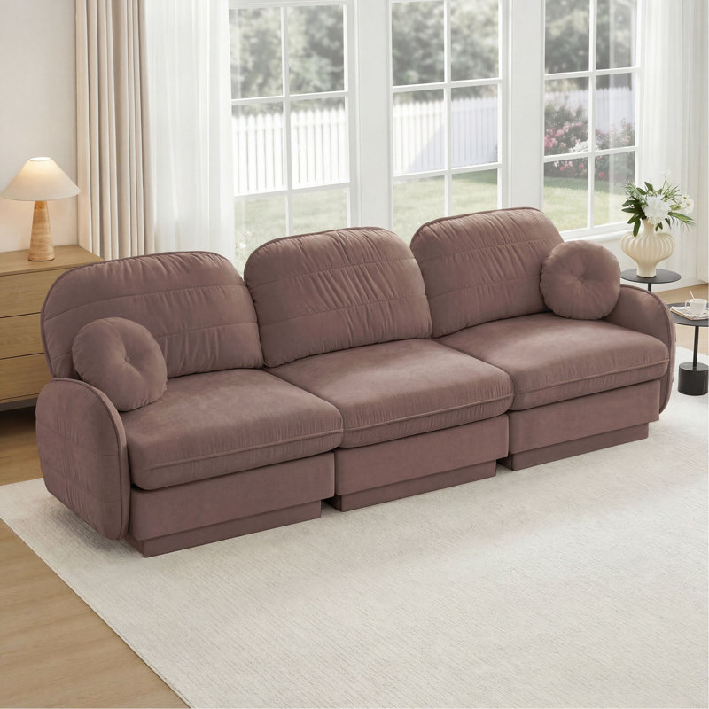 Canapé 105 po en chenille de 105 po, coussins ronds exquis et coussins de dossier matelassés, pieds de cadre de base encastrés, assise ergonomique, assemblage facile, canapé à assise profonde pour le salon, poussière de rose