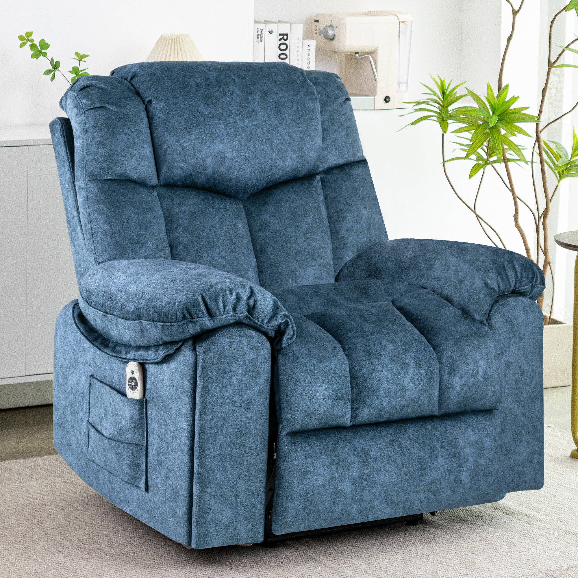 Oversize Modern Designed Velvet Power Lift Heating Massage Recliner with  Hidden Cupholders