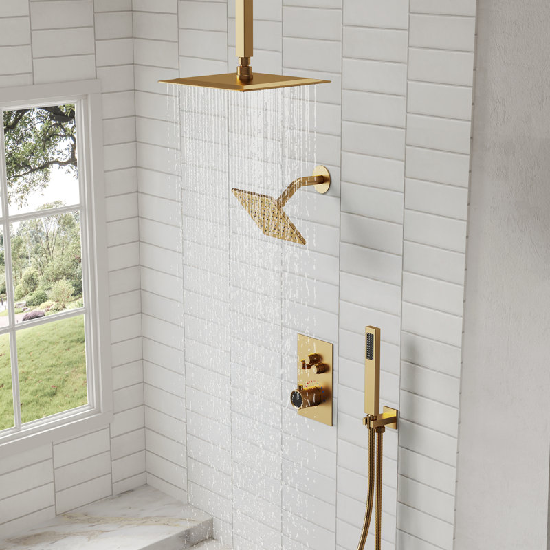 Thermostatic Dual Showerheads System, 12" High-Pressure Rainfall Shower Faucet with Handheld Shower, Brushed Gold