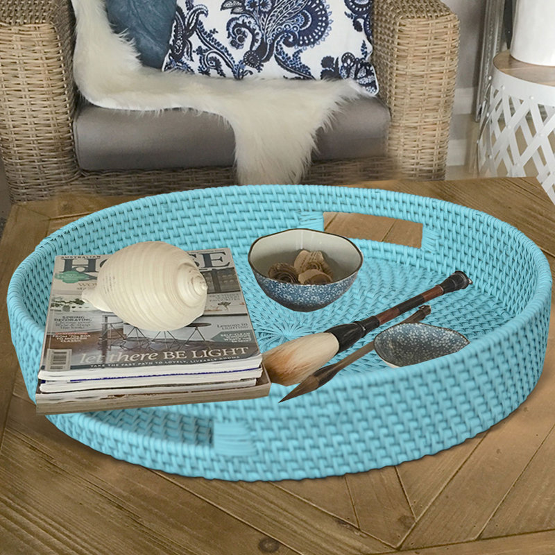 Light Blue Round Rattan Decorative Tray
