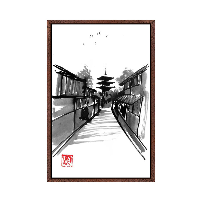 Pagoda by Péchane - Painting on Canvas, 152.5 cm H x 101.5 cm W, Classic Brown Wood Framed
