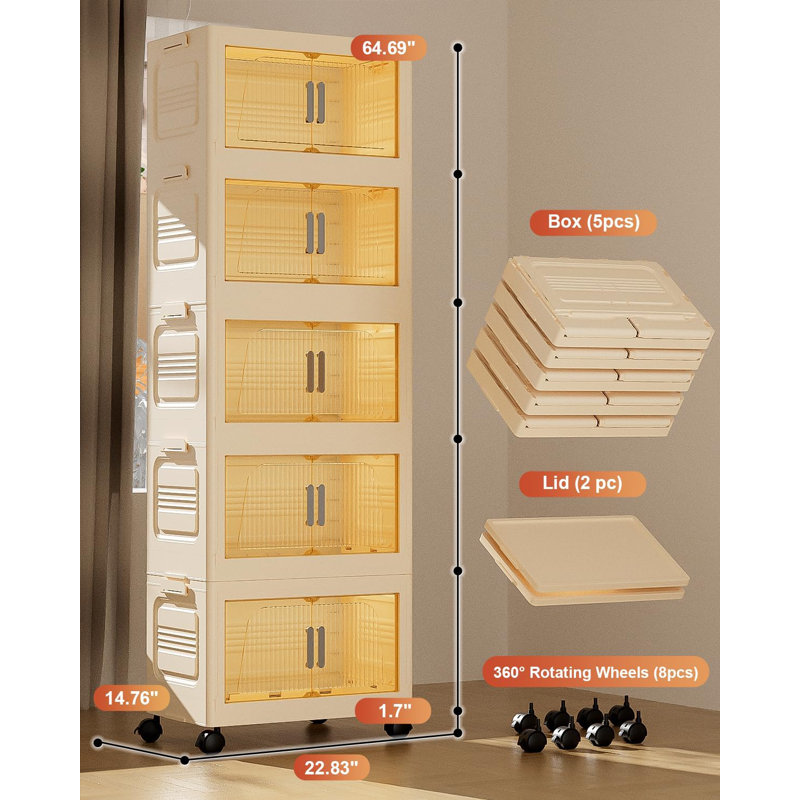 5 Pack 76QT/19GAL Foldable Stackable Storage Bins With Lid, Collapsible Storage Containers Box With Lockable Wheels for Home, Office and Dorm