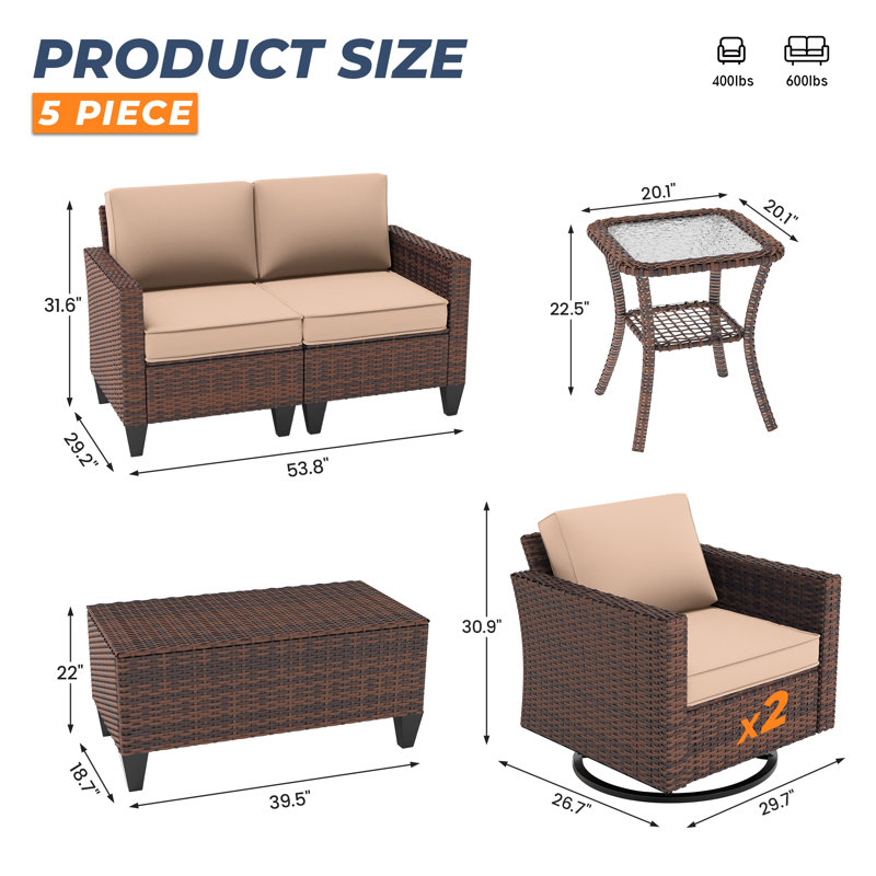 Ensemble de conversation d'extérieur 5 pièces avec tablette, canapé en osier compact et 2 chaises avec table d'appoint, Beige