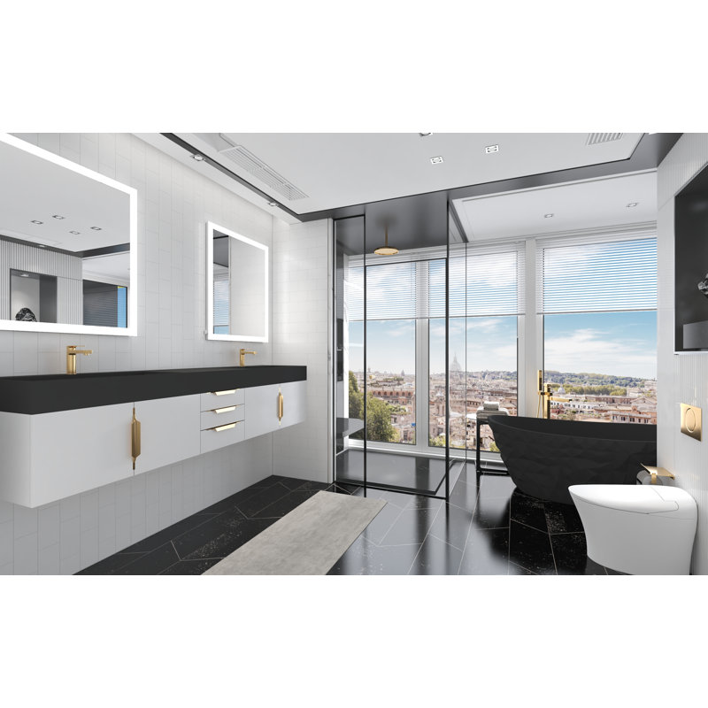 Meuble-lavabo double 84 po avec plateau Amazon, Blanc, Or, Noir