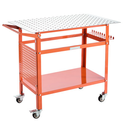 Établi de 40 po x 24 po à soudure orange, capacité statique de 800 lb, structure dynamique de 600 lb, trous d'installation de 216 5/8 po, rangement à double couche, suspension latérale pour outils, 11 crochets, 4 roues 2 avec freins pour la précision