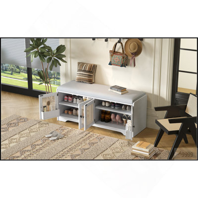 Rustic Storage Bench Multifunctional Wood Entryway Shoe Bench with Removable Cushion, Woven Rattan Doors & Adjustable Shelves for Hallway, Living Room (White+Beige )
