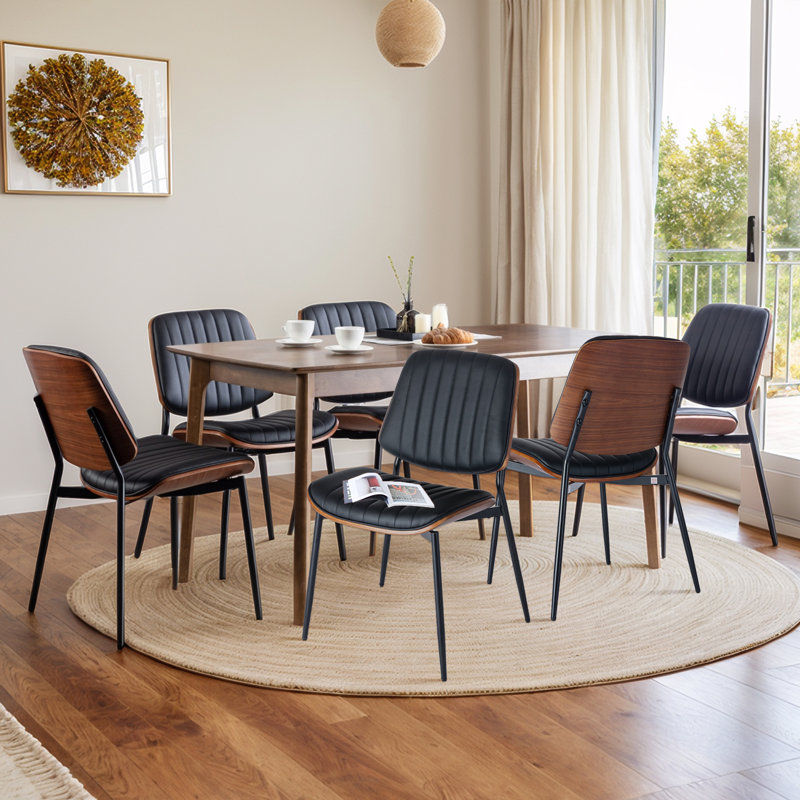 Leather Upholstered Vertical Metal Stripe Dining Chairs (Set of 6), Black