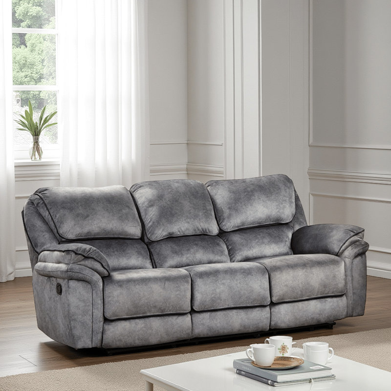 Causeuse inclinable manuelle Remma, similicuir gris, console avec porte-gobelets, 41" H x 91.5" W x 40.5" D