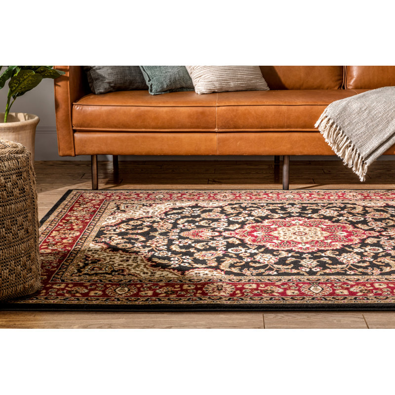 Belliere Medallion Kashan Black Traditional Rug, Rectangle 6'7" x 9'6"