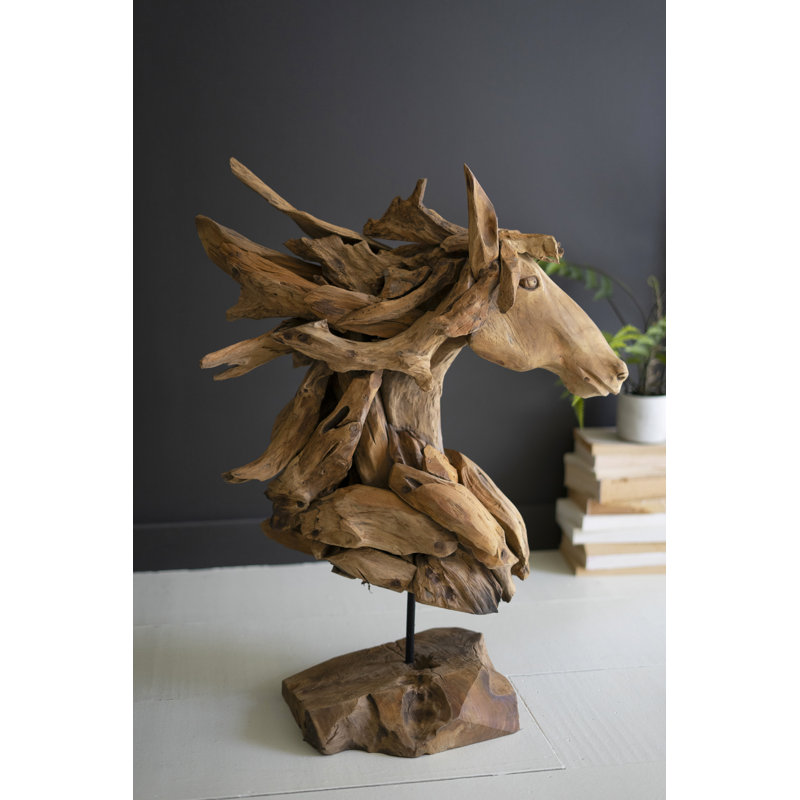  Sculpture tête de cheval en teck avec base en fer - 30 po de hauteur, décor rustique