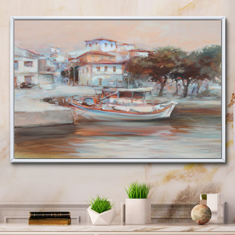 «Pastel White Boat On Calm Sea», reproduction sur toile flottante, H 8 po x l 12 po x P 1 po, Cadre flottant blanc