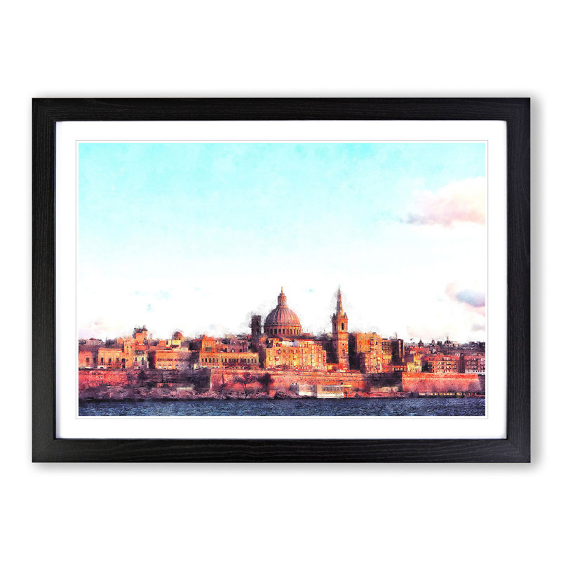 View of Valletta in Malta - Picture Frame Painting Print on MDF, 45cm H x 63cm W x 2cm D, Black Framed