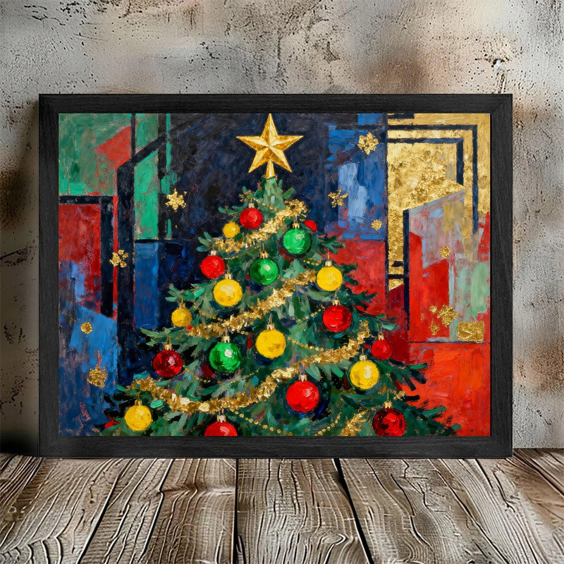 Cadre noir, arbre de Noël abstrait, reproduction d'art encadrée, H 9 po x l 11 po