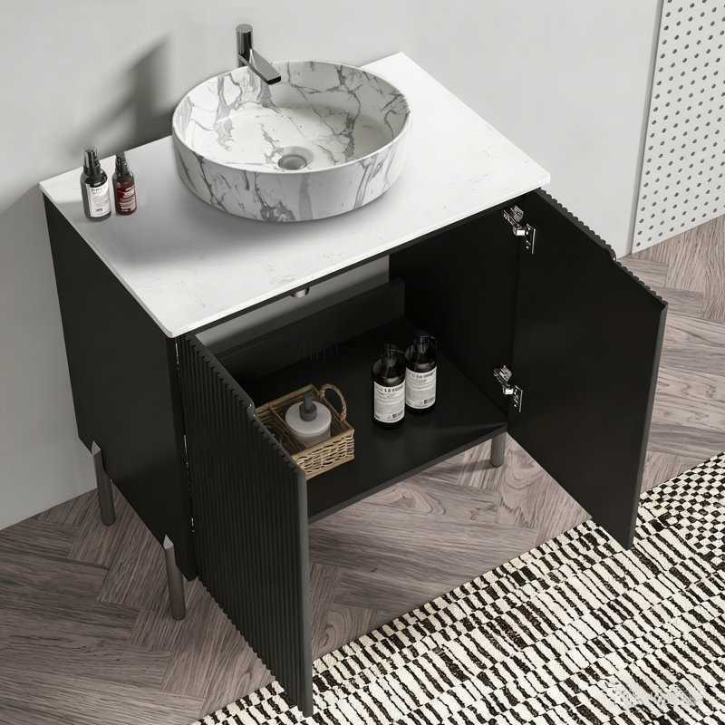 Grand meuble-lavabo de rangement autoportant moderne à rayures Merivora avec lavabo en céramique, charnières à fermeture en douceur (sans bonde et robinet inclus)