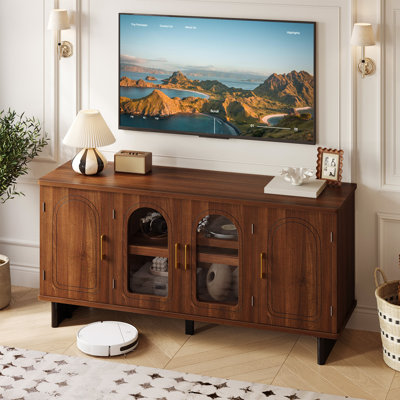 59'' Mid-Century Modern TV Stand with Arched Glass Doors, Media Console Table for TVs up to 65'', Sideboard Storage Cabinet for Living Room & Entryway