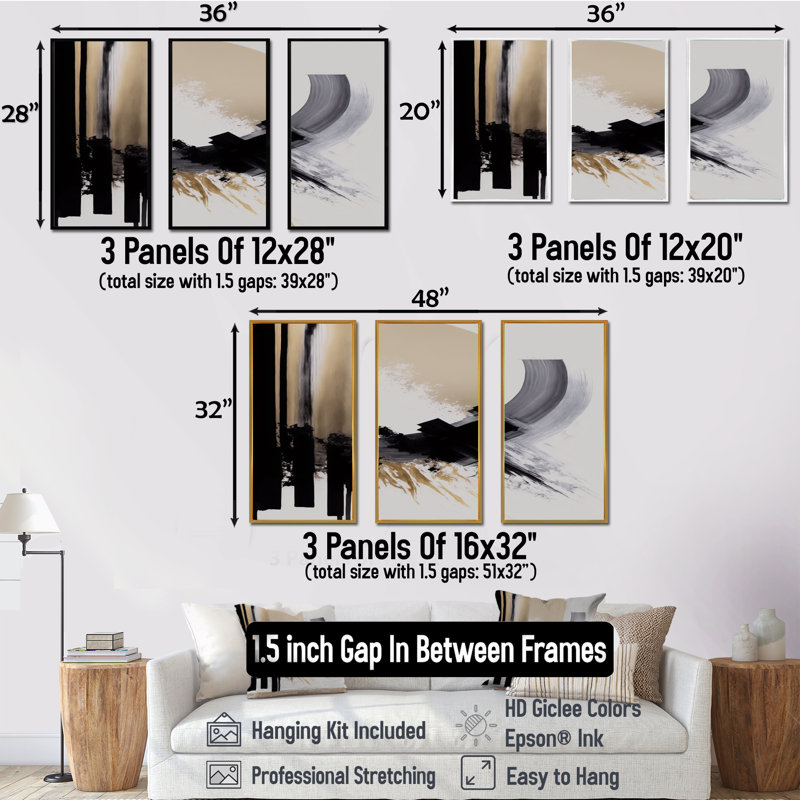 Noir, blanc et or Expression IV - ensemble d'art mural moderne sur toile, H 32 po x l 48 po x P 1 po, Encadré naturel