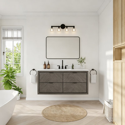 48" Transitional Floating Gray Oak Bath Vanity with Engineered Marble Top