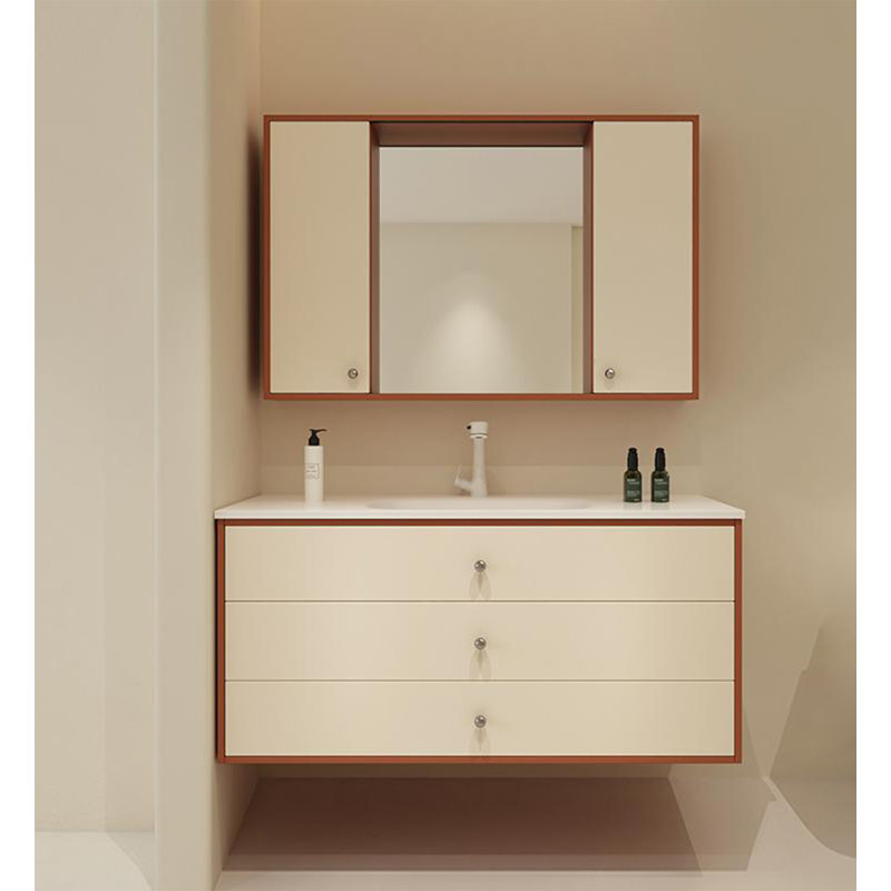 Meuble-lavabo mural en bois d'hévéa Mid-Century avec lavabo en céramique intégré