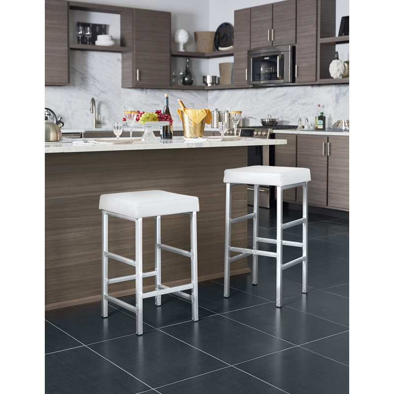 Fowey Upholstered Counter Stool with Metal Frame, White Faux Leather, Counter Stool (26" Seat Height), Chrome