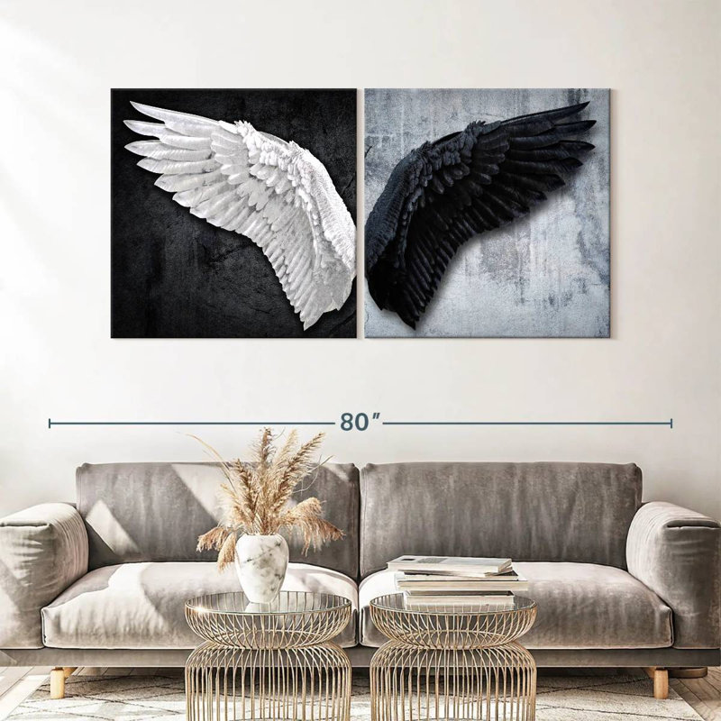 Decor Elements - Ailes d'ange blanches et noires sur toile, 2 pièces, H 32 po x l 65 po x P 1,25 po