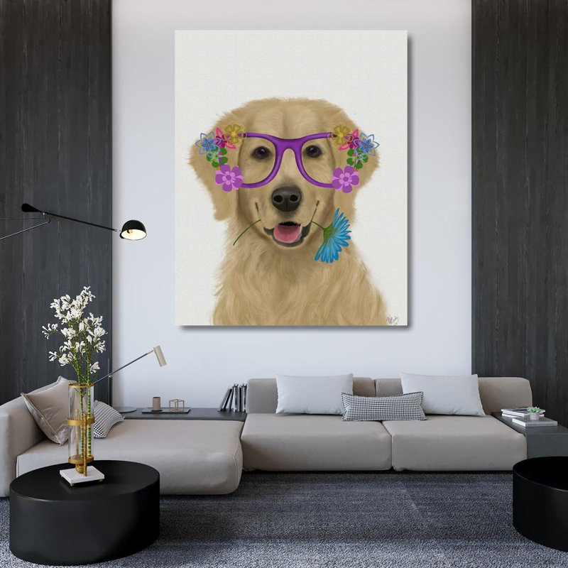 Art sur toile tendue Red Barrel Studio® Fab Funky Gallery, Golden Retriever and Flower Glasses, H 45 po x l 36 po