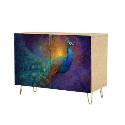 Sideboard Buffet Cabinet with Storage Majestic Peacock Cosmic Glow Vibrant Feathers with 2 Doors for Living Room and Kitchen