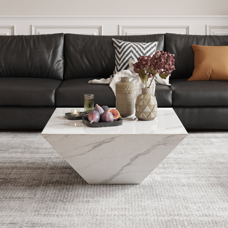  Modern Drum Coffee Table, Trapezoid Faux Marble Coffee Table, Fully-Assembled, White, 13.77" H x 31.5" L x 31.5" D