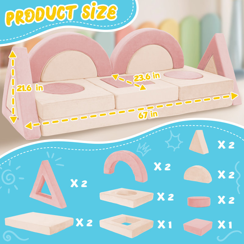Kids Couch，16PCS Modular Play Couch for Playroom Bedroom, Pink