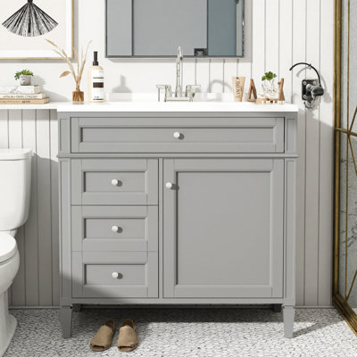 36" Modern Bathroom Vanity with Ceramic Sink, Tip-Out Drawer & Cabinet Door Organizer, Roman Leg Design, 2 Drawers, 300Lbs Capacity, 4" Centerset Faucet Ready