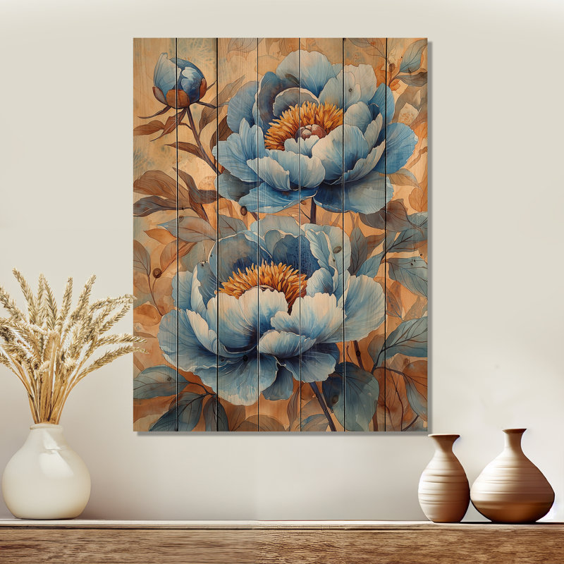 Blue Peonies In The Barnyard IV - Peonies Wood Wall Art - On Natural Pine Wood, 20" H x 10" W x 0.78" D